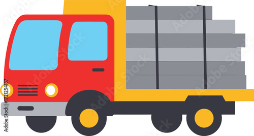 Red flatbed truck transporting grey cylindrical materials with yellow accents on wheels isolated on transparent background