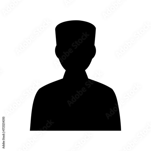 Black silhouette of a person wearing a fez hat against white background