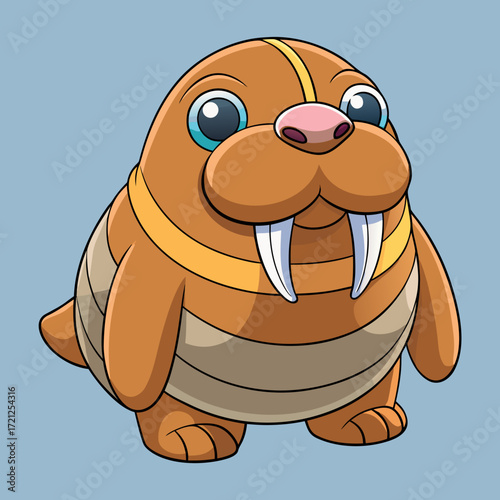 Adorable cartoon illustration of a cute walrus creature with big blue eyes and prominent tusks against a simple blue background