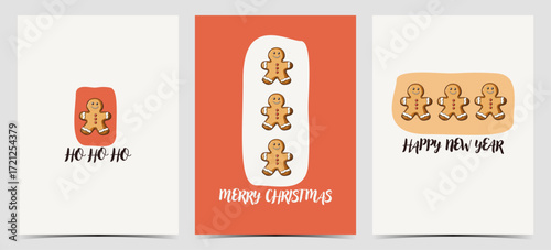Cute set of Christmas greeting cards, postcards, invitations with adorable gingerbread cookie on orange and beige background, vector illustration	