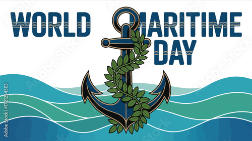 World Maritime Day with Anchor Symbol and Ocean Waves for Peace and Sustainability