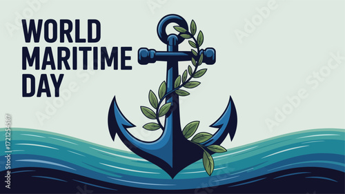 World Maritime Day with Anchor Symbol and Ocean Waves for Peace and Sustainability
