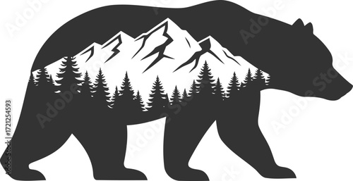 Bear silhouette with mountain landscape vector logo