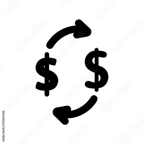 Money exchange icon with dollar symbols and circular rotating arrows illustration
