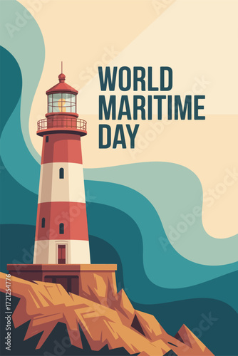 World Maritime Day Lighthouse and Ocean Waves Illustration
