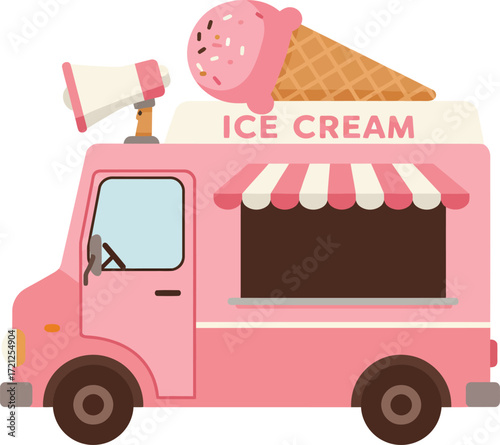 Adorable pink ice cream truck offering sweet treats and refreshing cones delicious desserts on wheels for summer fun isolated on transparent background