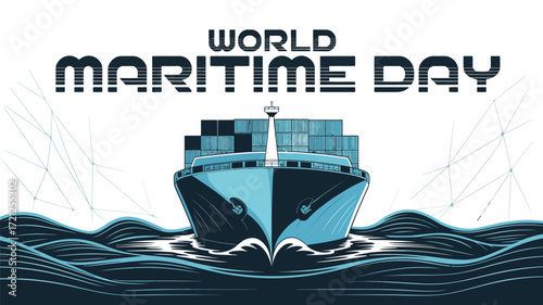 World Maritime Day Poster with Cargo Ship and Ocean Waves