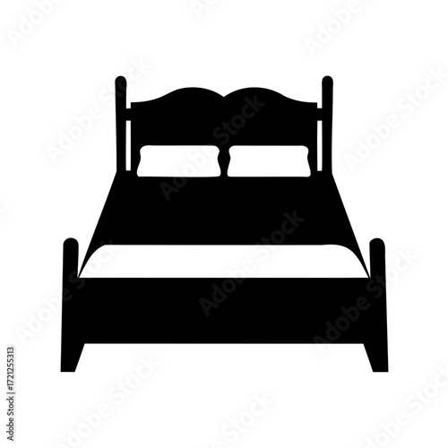 Black and white image of a bed with two pillows icon