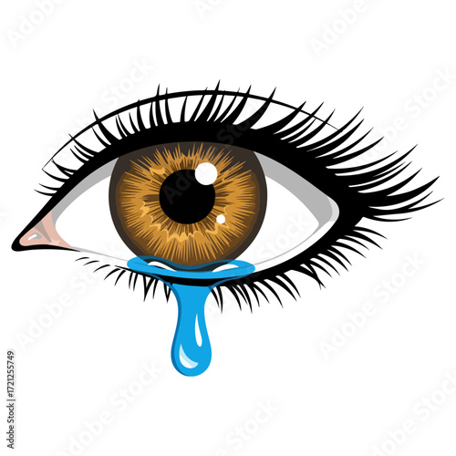 Vector illustration of a beautiful brown eye crying a single tear.