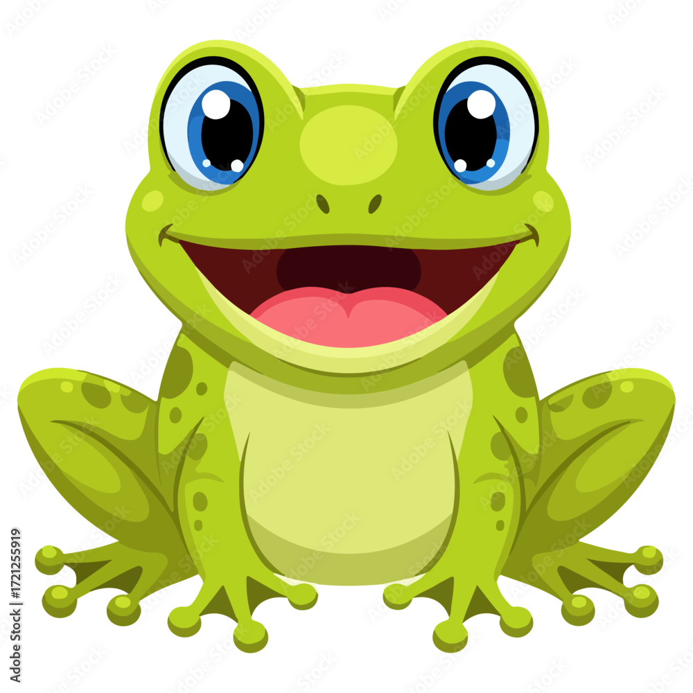 Fototapeta premium Cute cartoon frog with big blue eyes and wide smile.