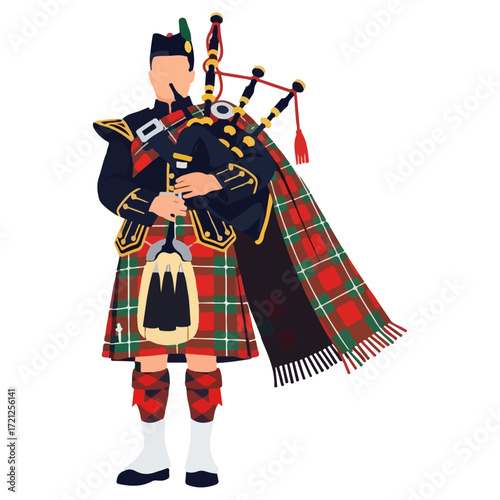 Scottish Bagpiper in Traditional Costume.