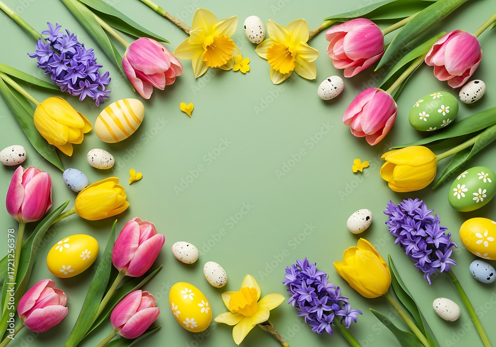 Obraz premium Vibrant Easter Floral Frame with Decorated Eggs