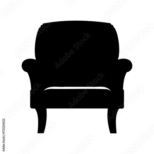 Black silhouette illustration of a comfortable armchair with short legs on white background