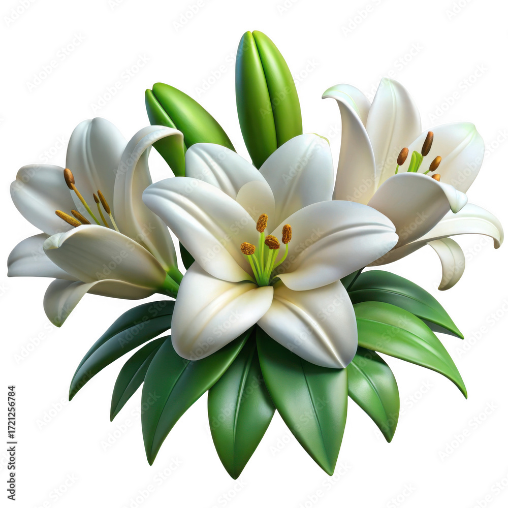 Obraz premium Elegant white lily bouquet with green leaves isolated high detail studio shot isolated on transparent background