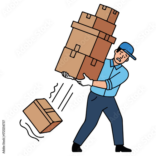 Delivery man struggling with heavy boxes.