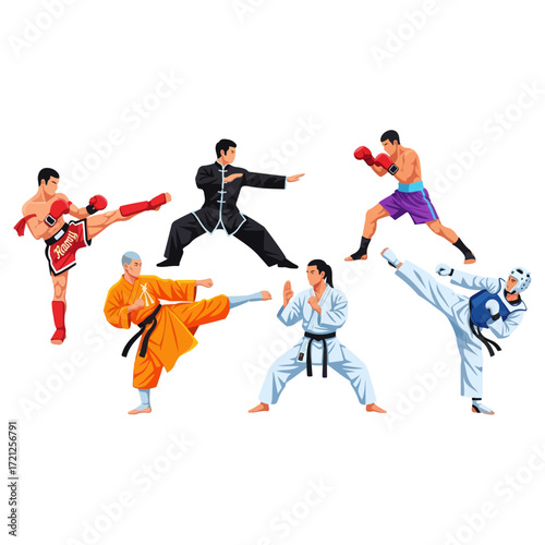 Diverse martial arts practitioners demonstrating various fighting techniques.