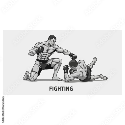 Intense fighting scene of two muscular men in combat.