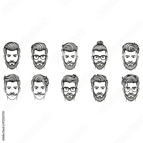 Mens hairstyles and beards in black and white illustration.
