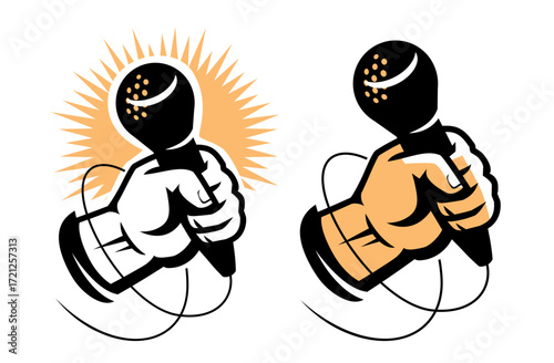 Hand holding microphone with cable. Press conference, recording podcast. Performance and celebration concept
