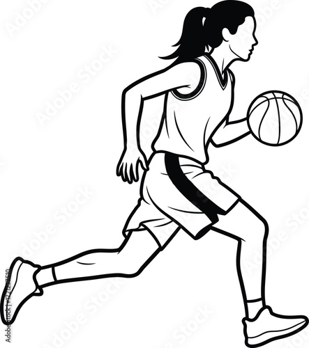 Side view of a female basketball player in motion, holding a basketball.