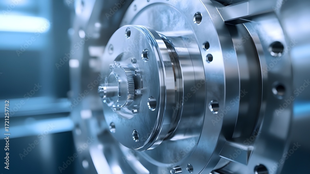 Fototapeta premium 3D render of a metallic gear assembly with intricate details in a blue-lit studio setting.