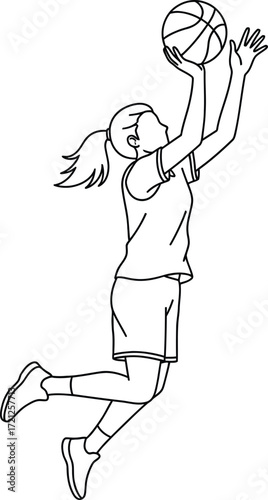 A woman in mid-air shooting a basketball.