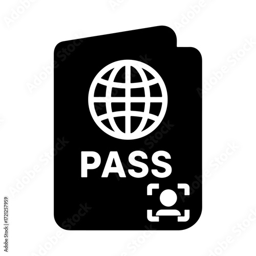 Biometric passport outline, digital identity icon, smart travel interface, electronic document design, passport technology symbol, travel security system