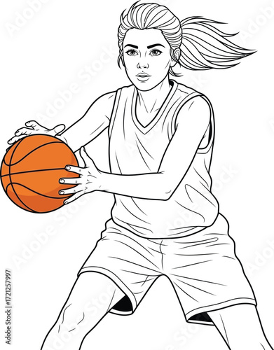 A detailed illustration of a female basketball player dribbling the ball, focused and ready.