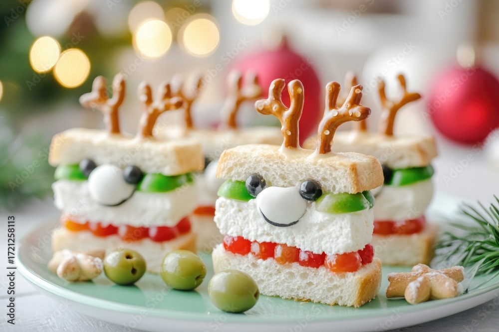 Obraz premium Festive reindeer-themed holiday desserts with cream and pretzel antlers on a decorative christmas plate
