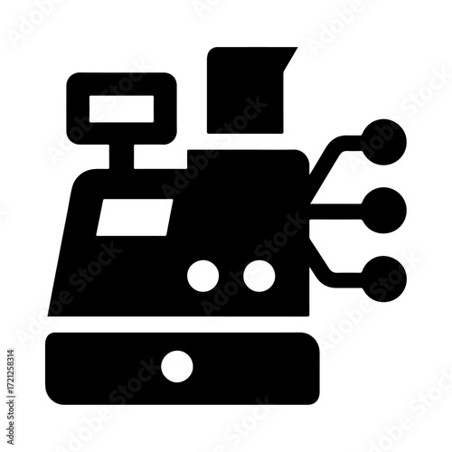 Digital cash register icon, smart POS system, electronic transaction processing, retail payment technology, automated checkout system, digital commerce solution
