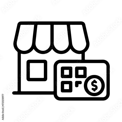 QR storefront outline, digital payment icon, retail technology interface, contactless store design, mobile payment symbol, electronic commerce system