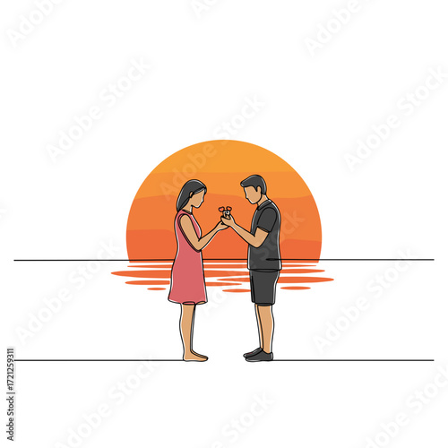 Couple proposing at sunset holding hands by the ocean  