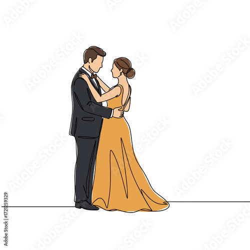 Elegant couple dancing closely in formal attire on a white background  