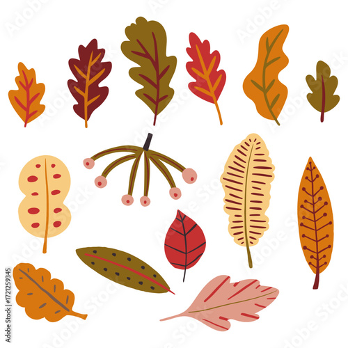 Set of decorative autumn leaves, abstract flat style