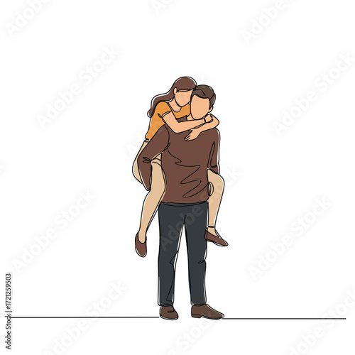 Young couple enjoying playful piggyback ride on white background  