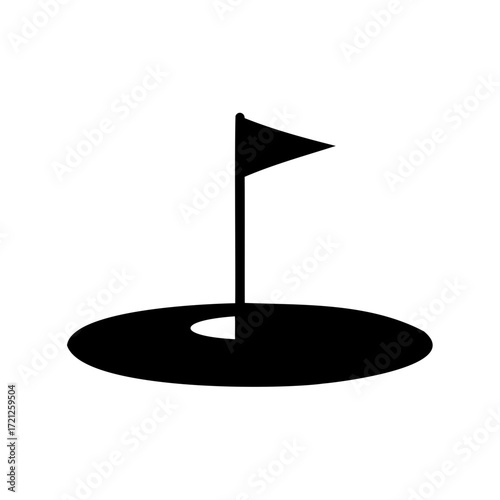 Simple black and white icon of a golf flag in a hole