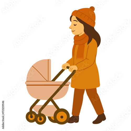Autumn illustration of a young mother walking with a baby stroller