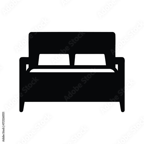 Black and white image representing a bed with two pillows and headboard