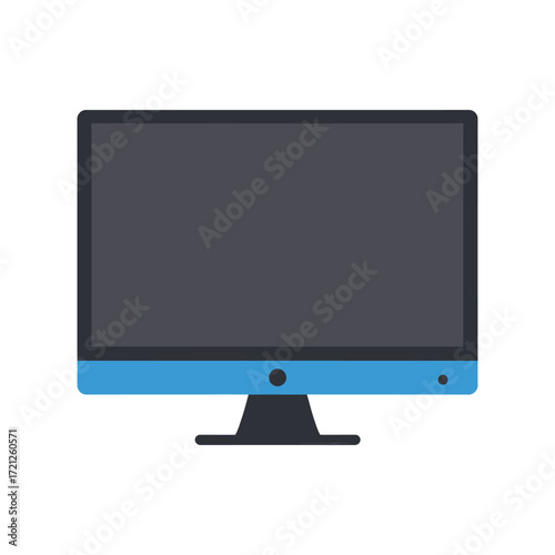 Vector flat icon of desktop computer with monitor, keyboard, and CPU, representing workplace technology, digital equipment, productivity tools, and modern computing system