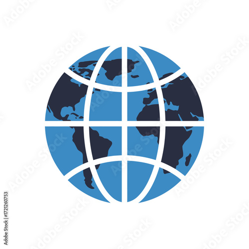 Flat vector design of global internet connection symbol with world globe, representing worldwide communication, online networks, and international digital accessibility technology