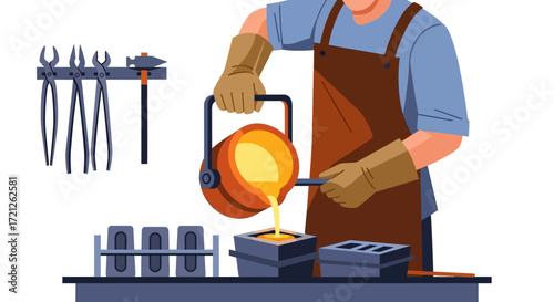 Illustrator casting molten metal into molds with tools for metalworking in a workshop