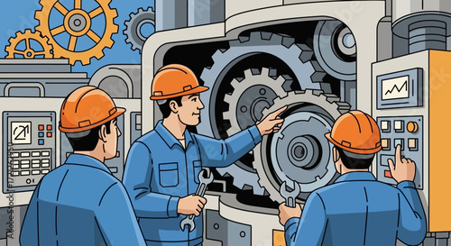 Engineers Inspecting and Repairing Machinery in a Manufacturing Plant A Detailed Illustration