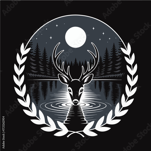 Tshirt  Desing , Deer with hornes , skull with wings , Night Tie scene