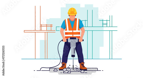 Construction Worker Using a Jackhammer Demolition and Building Site Illustration