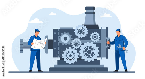 Expert engineers and mechanics work together on an intricate industrial machine, examining blueprints and applying tools for maintenance, assembly, and system optimization