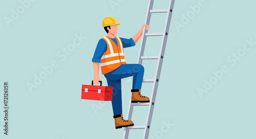 Construction worker with toolbox climbs ladder, indicating progress and career advancement in a safety-conscious environment