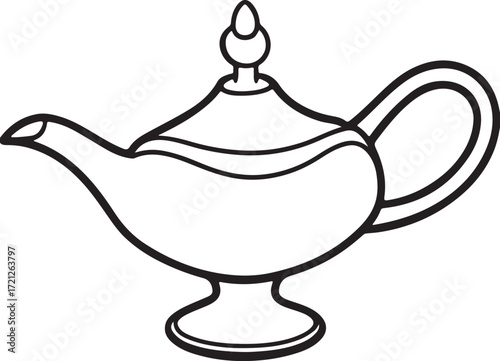Aladdin lamp line art, coloring book page line art drawing, vector and illustration