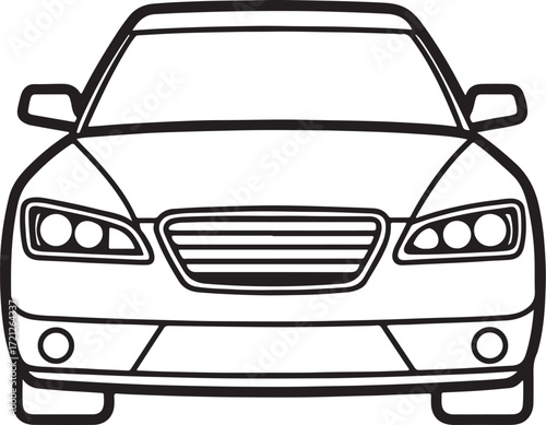 car front view line art, coloring book page line art drawing, vector and illustration