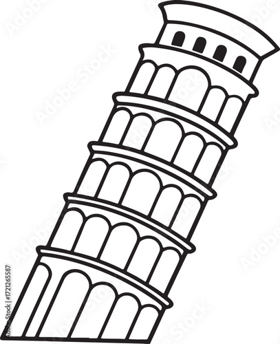 leaning tower line art, coloring book page line art drawing, vector and illustration