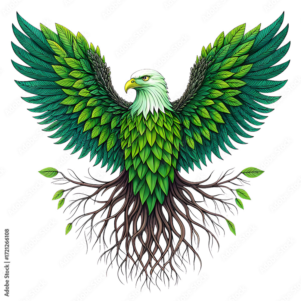 Fototapeta premium Majestic eagle with green leafy wings and rooted body